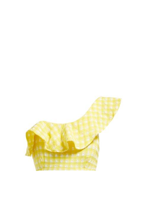 Matchesfashion.com Ganni - Mahogany Checked One Shoulder Bikini Top - Womens - Yellow