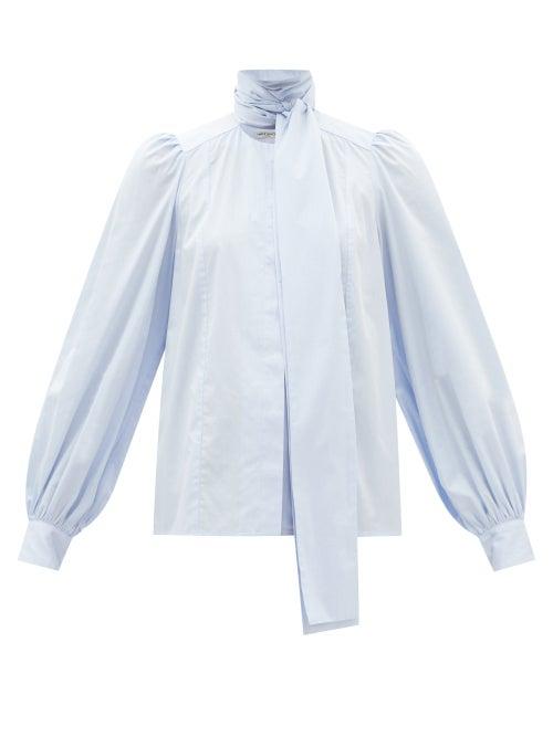 Three Graces London - Sura Neck-sash Cotton-poplin Blouse - Womens - Light Blue