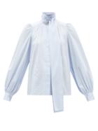 Three Graces London - Sura Neck-sash Cotton-poplin Blouse - Womens - Light Blue