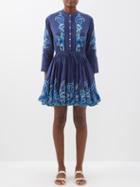 Juliet Dunn - Floral-embroidered Cotton Mini Shirt Dress - Womens - Navy Multi