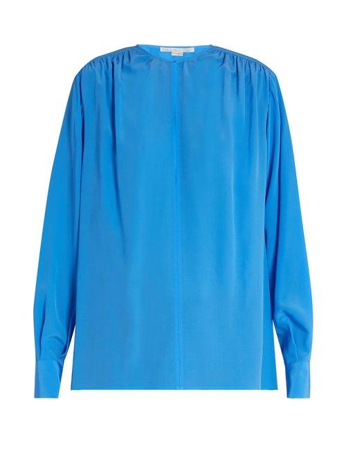 Matchesfashion.com Stella Mccartney - Gathered Round Neck Silk Blouse - Womens - Blue