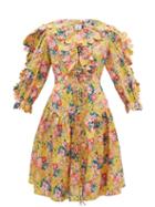 Matchesfashion.com Horror Vacui - Custia Scalloped Floral Print Cotton Dress - Womens - Yellow Multi