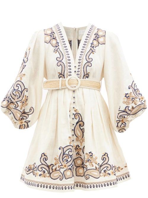 Ladies Beachwear Zimmermann - Aliana Paisley-embroidered Linen-canvas Minidress - Womens - Yellow White