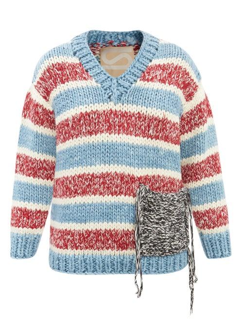 Saunders - Kaya V-neck Striped Merino-blend Sweater - Womens - Blue Stripe