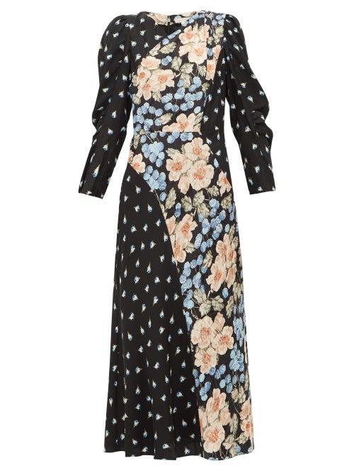 Matchesfashion.com Rebecca Taylor - Blush Rose Print Silk Blend Midi Dress - Womens - Black Multi
