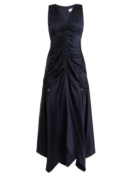 Matchesfashion.com Peter Pilotto - Ruched V Neck Satin Dress - Womens - Navy