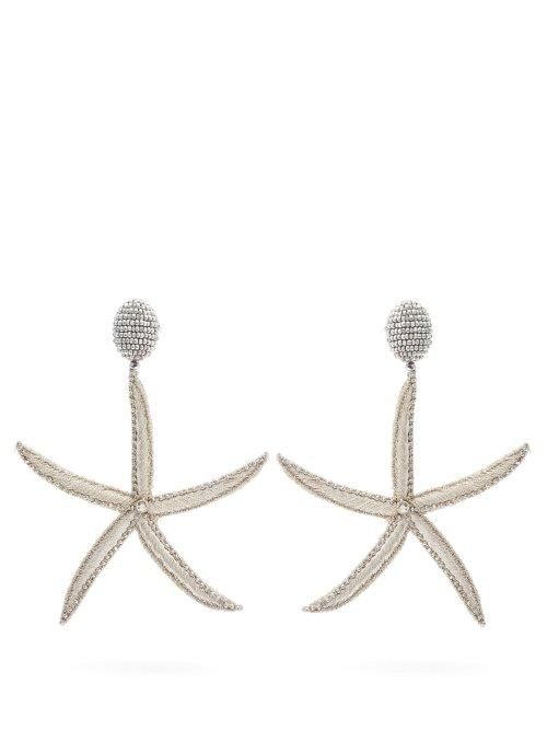 Matchesfashion.com Oscar De La Renta - Starfish Bead Embellished Drop Clip On Earrings - Womens - Silver