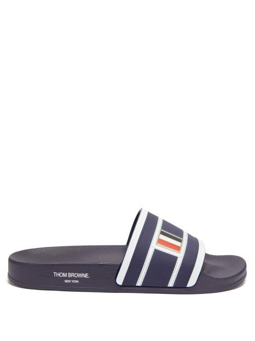 Mens Shoes Thom Browne - Tricolour-stripe Rubber Slides - Mens - Navy
