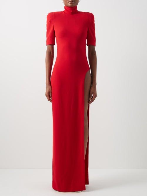Monot - Padded-shoulder Side-slit Crepe Dress - Womens - Red