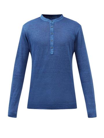 120 Lino 120% Lino - Linen-jersey Henley Top - Mens - Navy
