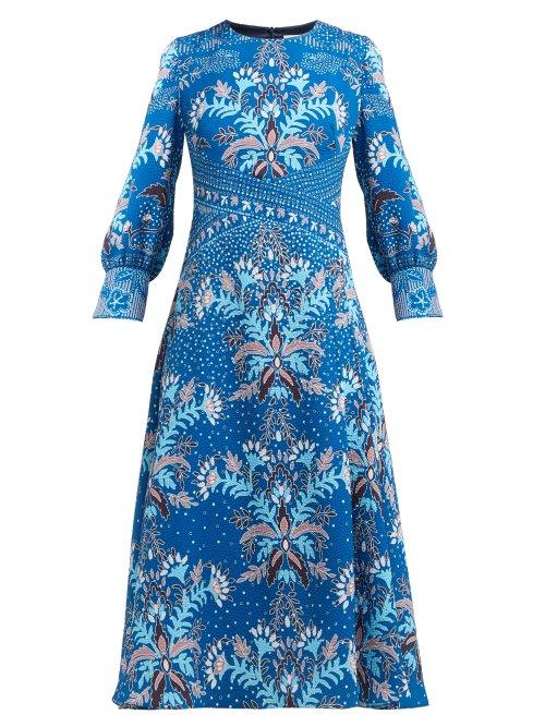 Matchesfashion.com Peter Pilotto - Floral Print Waffle Weave Crepe Midi Dress - Womens - Blue Multi