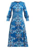 Matchesfashion.com Peter Pilotto - Floral Print Waffle Weave Crepe Midi Dress - Womens - Blue Multi