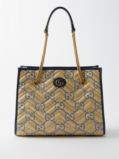 Gucci - Gg Marmont Leather-trim Monogrammed Woven Tote - Womens - Beige Multi