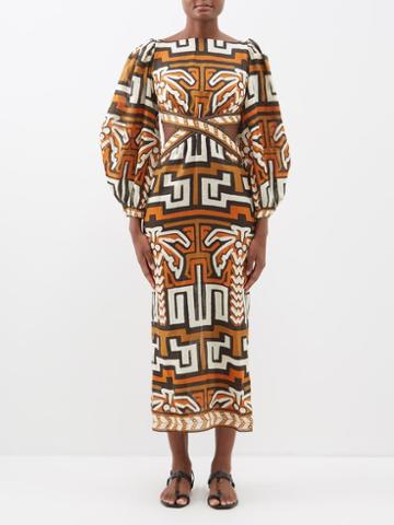 Johanna Ortiz - Luz De Atardecer Cutout Cotton Maxi Dress - Womens - Brown Print