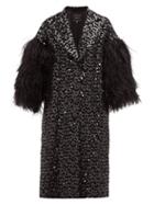 Matchesfashion.com Andrew Gn - Feather Trim Sequinned Cotton Blend Opera Coat - Womens - Black