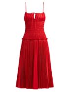 Matchesfashion.com Khaite - Delphine Smocked Bodice Cotton Dress - Womens - Red