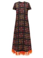 La Doublej - Swing Feather-trim Silk-blend Maxi Dress - Womens - Multi