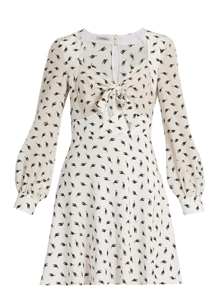 Miu Miu Cat-print Long-sleeved Silk Dress