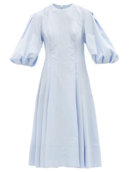 Ladies Rtw Another Tomorrow - Puff-sleeve Organic-cotton Poplin Midi Dress - Womens - Blue