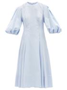 Ladies Rtw Another Tomorrow - Puff-sleeve Organic-cotton Poplin Midi Dress - Womens - Blue