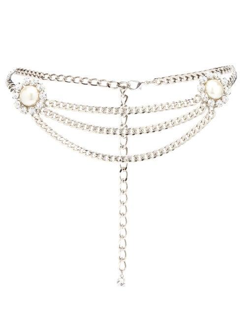 Matchesfashion.com Alessandra Rich - Faux-pearl And Crystal Curb-chain Belt - Womens - Silver