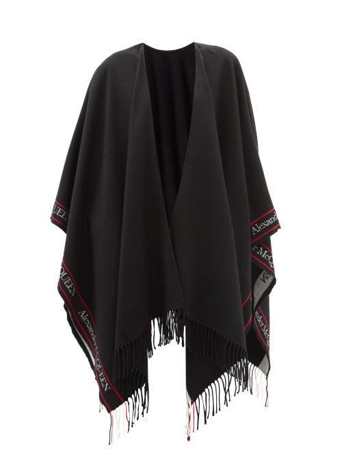 Alexander Mcqueen - Logo-jacquard Fringed Wool-blend Cape - Womens - Black Red
