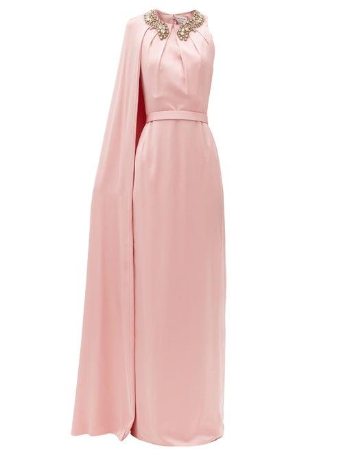Matchesfashion.com Alexander Mcqueen - Crystal-neckline Cape-shoulder Silk-satin Gown - Womens - Pink