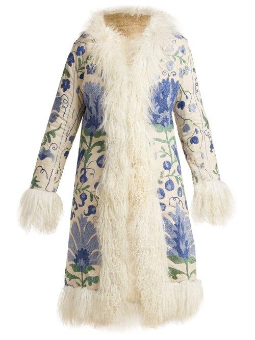 Matchesfashion.com Zazi Vintage - Suzani Floral Embroidered Shearling Coat - Womens - 242 Blue White