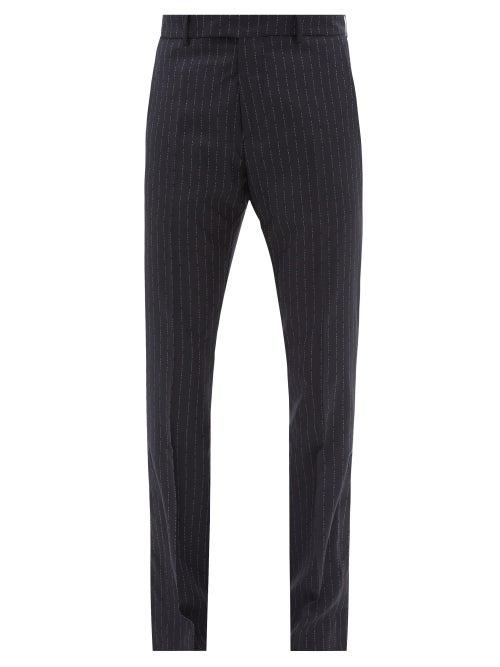 Amiri - Logo-pinstriped Wool Flared Trousers - Mens - Navy