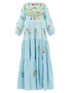 Muzungu Sisters - Frangipani Tiered Embroidered Cotton Maxi Dress - Womens - Blue Multi