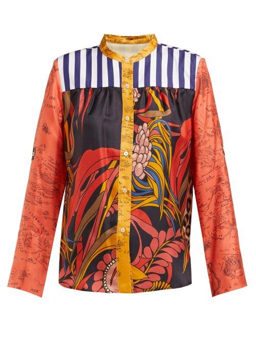Matchesfashion.com La Prestic Ouiston - Peace Floral Print Band Collar Silk Twill Shirt - Womens - Red Multi