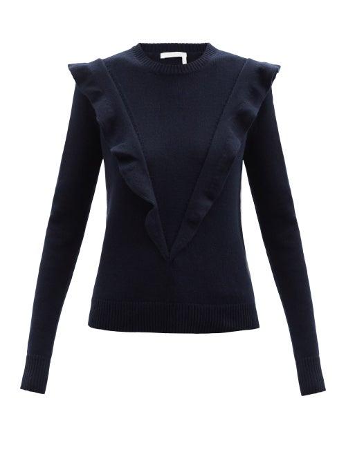 Chlo - Ruffled Recycled-cashmere Sweater - Womens - Navy