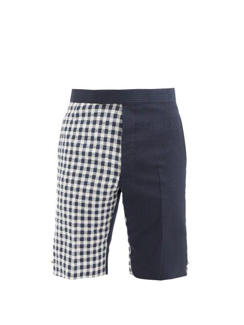 Thom Browne - Funmix Check Wool-seersucker Shorts - Mens - Navy