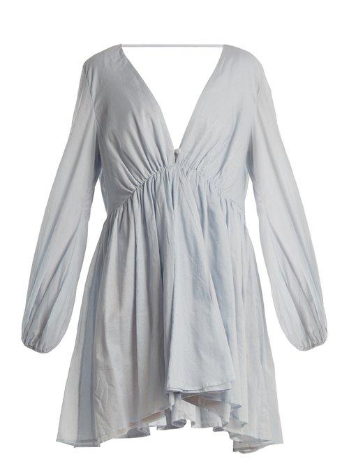 Matchesfashion.com Kalita - Aphrodite Deep V Neck Cotton Voile Dress - Womens - Light Blue