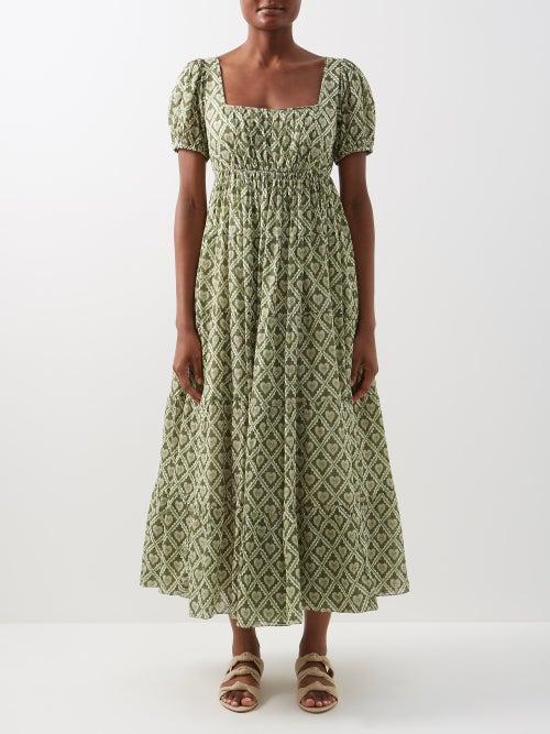 Rhode - Joanna Geometric-print Cotton-poplin Dress - Womens - Green Print
