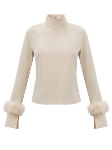 Matchesfashion.com 16 Arlington - Maika Marabou-trim Roll-neck Crepe Top - Womens - Light Beige