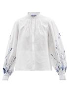 Thierry Colson - Yana Floral-embroidered Linen Blouse - Womens - Blue White