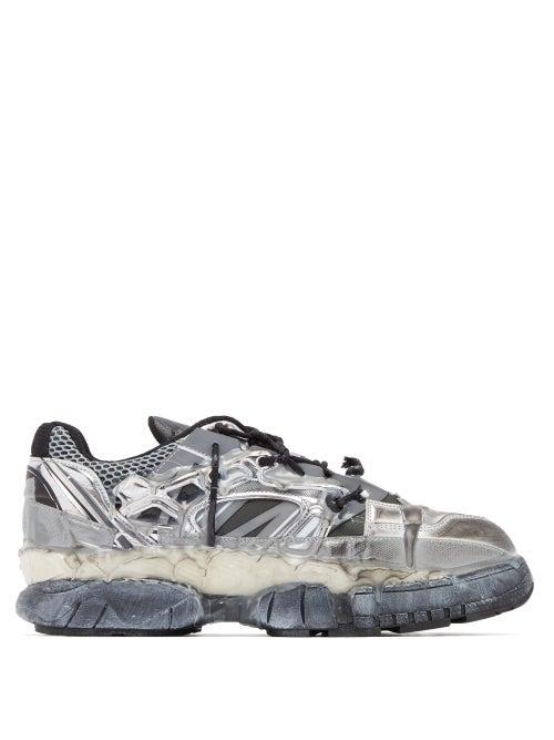 Matchesfashion.com Maison Margiela - Fusion Distressed Leather And Mesh Trainers - Mens - Silver