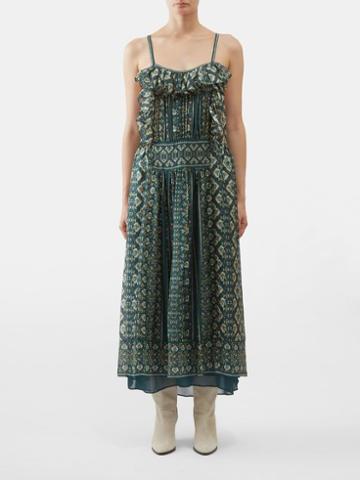 Isabel Marant - Macha Geometric-print Ruffled Midi Dress - Womens - Dark Green Multi