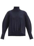 Matchesfashion.com Pleats Please Issey Miyake - High-neck Dolman-sleeve Technical-pleated Top - Womens - Navy