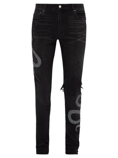Matchesfashion.com Amiri - Snake Embroidered Distressed Skinny Jeans - Mens - Black