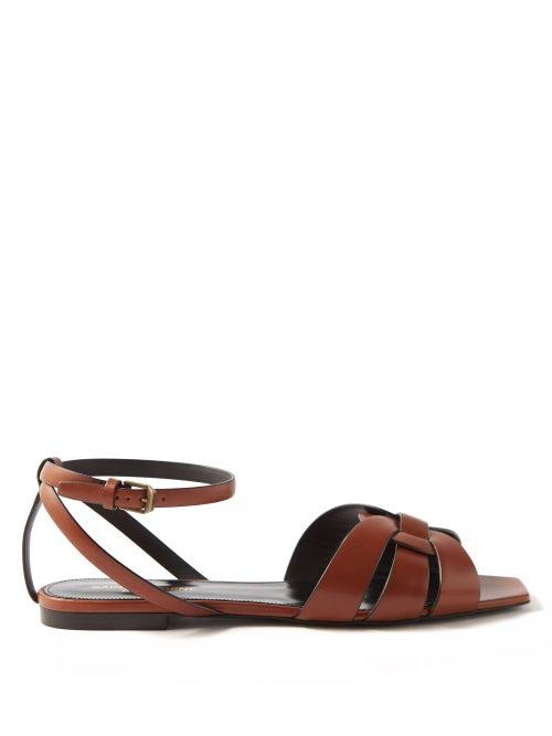 Saint Laurent - Tribute Leather Flat Sandals - Womens - Brown