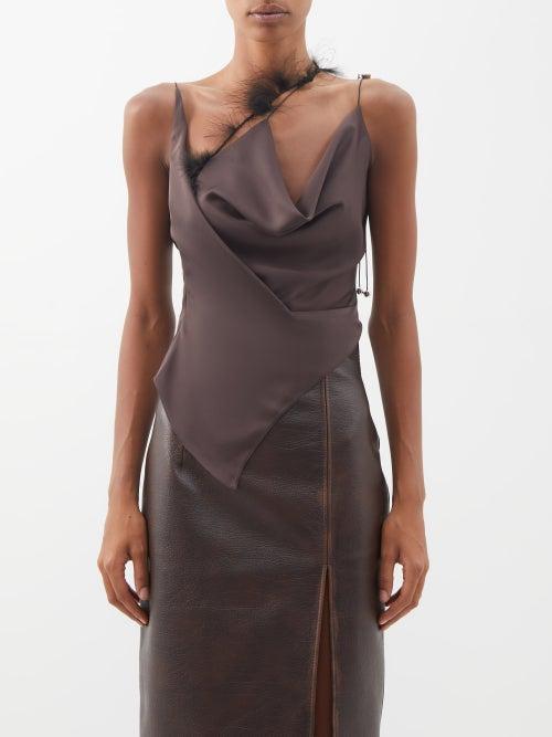 16arlington - Alzir Feather-trim Draped-satin Top - Womens - Chocolate