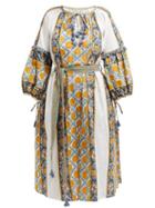 Matchesfashion.com D'ascoli - Samarkand Geometric Print Cotton Dress - Womens - Yellow Multi