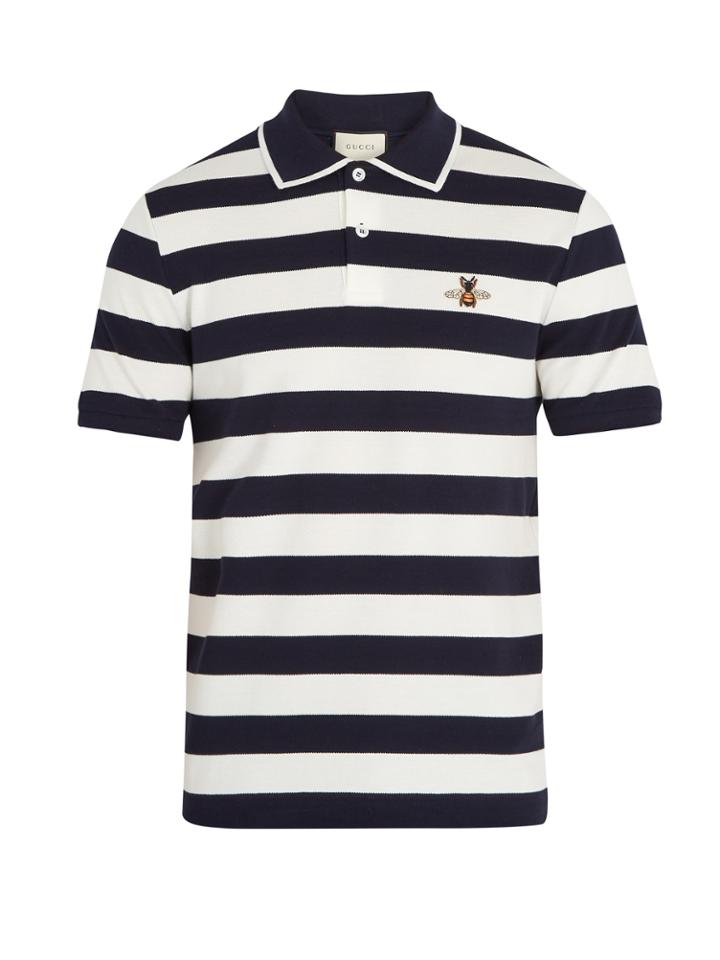 Gucci Bee-appliqu Striped Cotton Polo Shirt