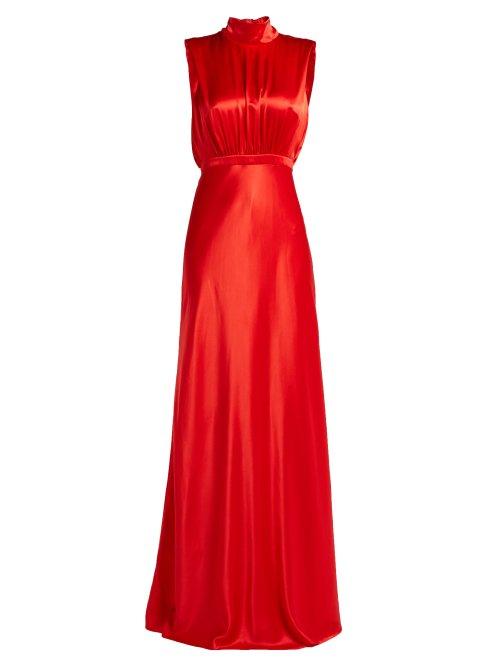 Matchesfashion.com Saloni - Fleur Tie Neck Silk Satin Gown - Womens - Red