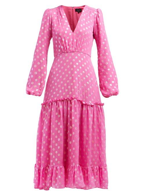 Matchesfashion.com Saloni - Devon Polka Dot Jacquard Silk Blend Dress - Womens - Pink Silver