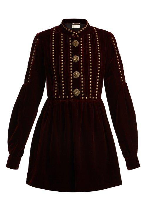 Matchesfashion.com Saint Laurent - Studded And Pleated Velvet Mini Dress - Womens - Burgundy