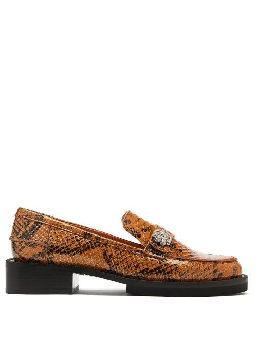 Matchesfashion.com Ganni - Crystal-embellished Python-effect Leather Loafers - Womens - Tan Multi