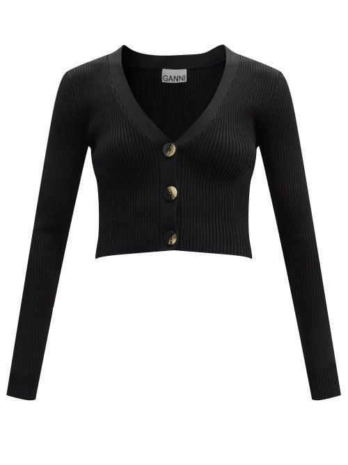 Ladies Rtw Ganni - Cropped V-neck Ribbed-knit Cardigan - Womens - Black